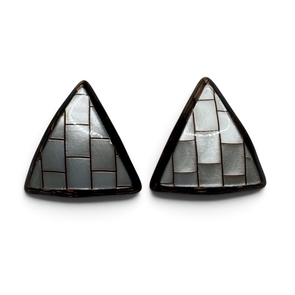 Vintage Mother of Pearl Mosaic Triangle Stud Earrings Brown Resin Statement